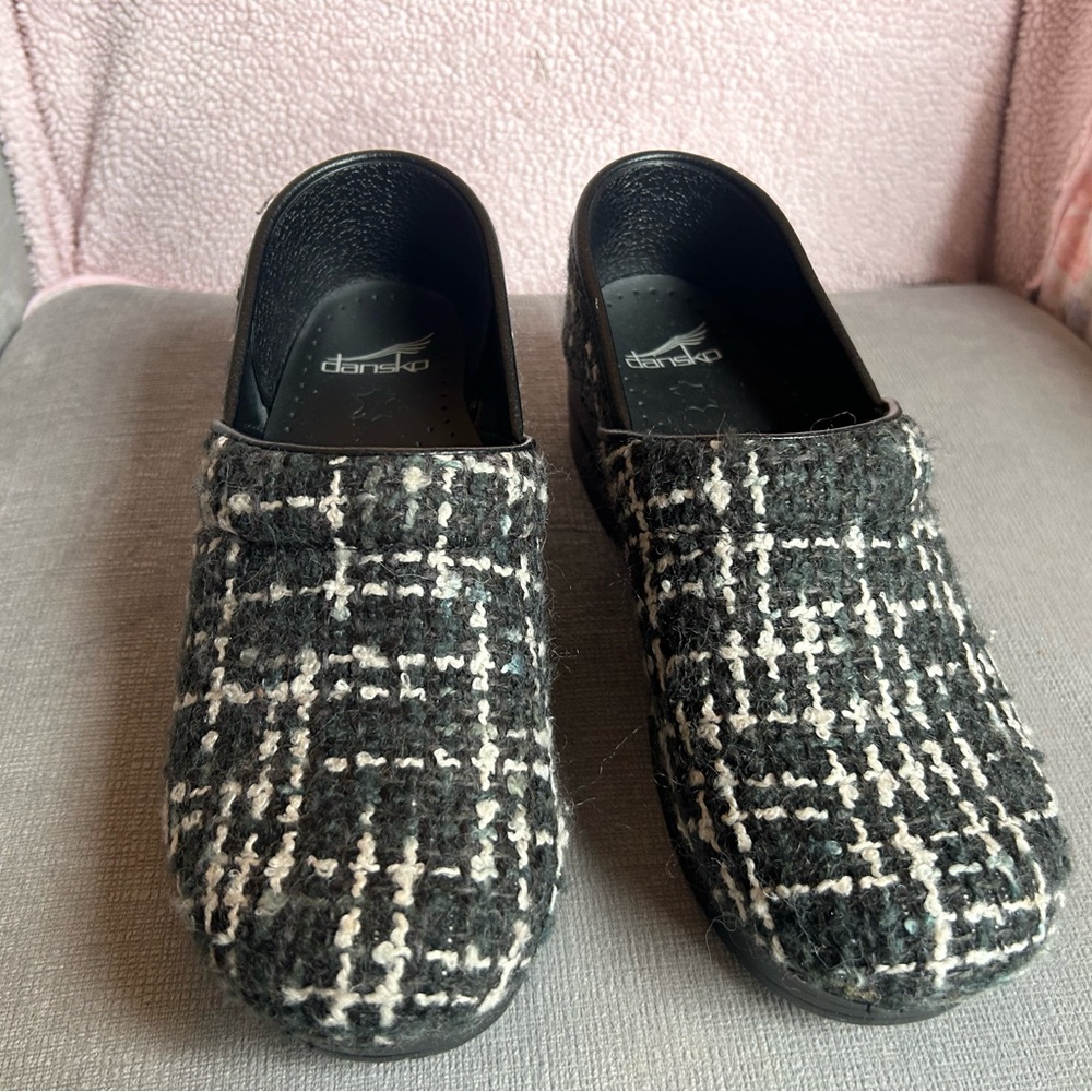 Dansko Black and White Tweed Clogs